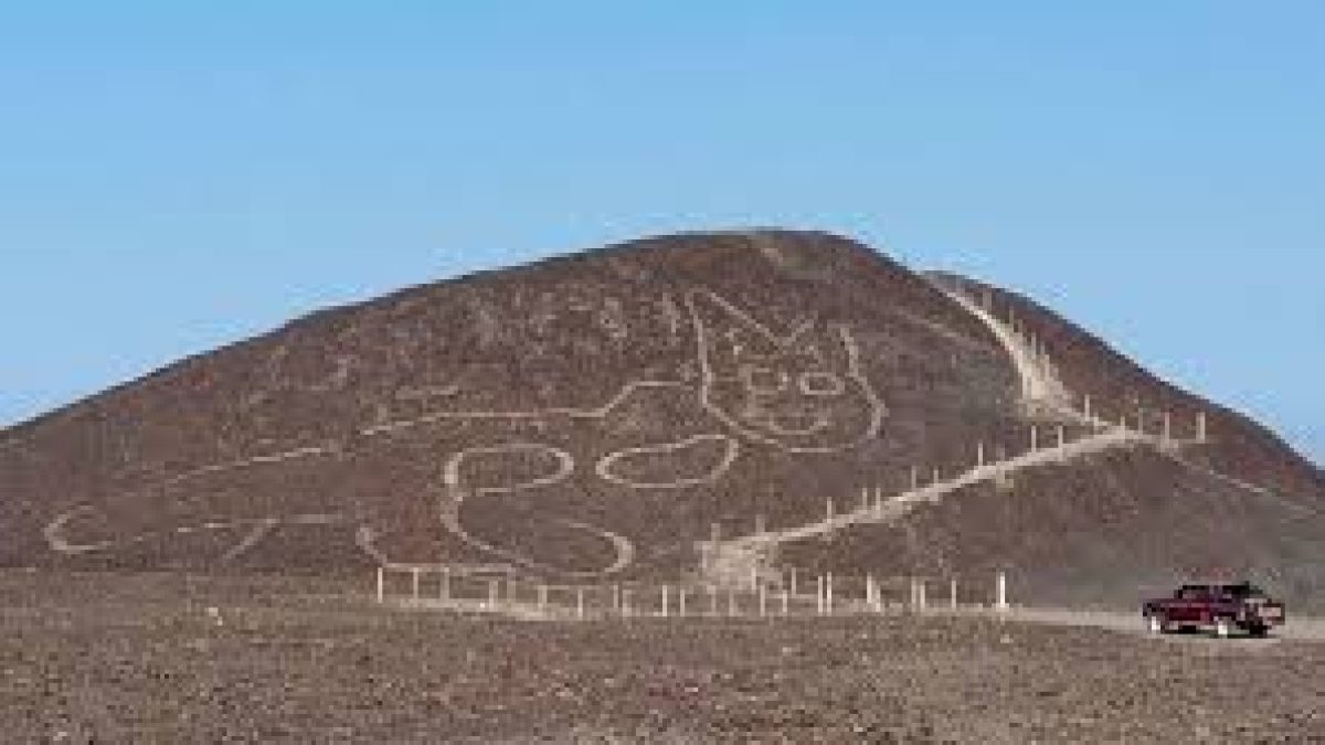 The giant cat drawing at a UNESCO World Heritage site in Peru