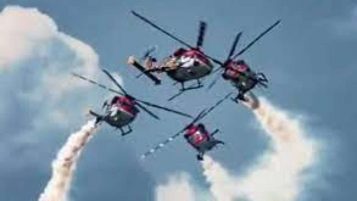 Sarang helicopter display team of the Indian Air Force performs in Russia