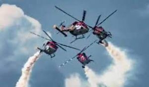 Sarang helicopter display team of the Indian Air Force performs in Russia