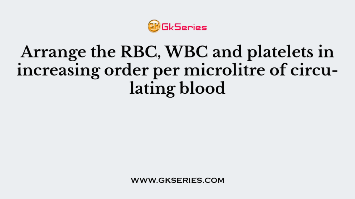 Arrange the RBC, WBC and platelets in increasing order per microlitre of circulating blood