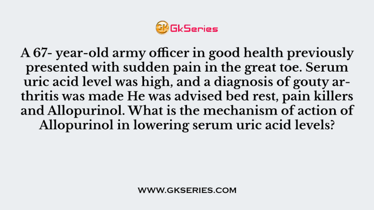 Q. A 67- year-old army officer in good health previously presented with sudden pain in the great toe. Serum uric acid level was high, and a diagnosis of gouty arthritis was made He was advised bed rest, pain killers and Allopurinol. What is the mechanism of action of Allopurinol in lowering serum uric acid levels?