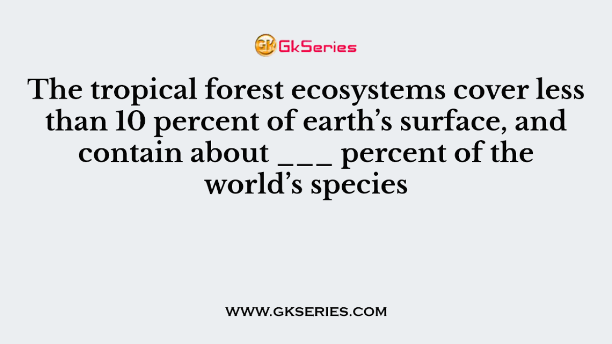 The tropical forest ecosystems cover less than 10 percent of earth’s surface, and contain about ___ percent of the world’s species