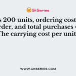 EOQ is 200 units, ordering cost Rs. 20 per order, and total purchases 4,000 units. The carrying cost per unit will be
