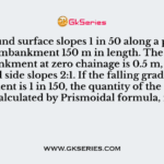 The ground surface slopes 1 in 50 along a proposed railway embankment 150 m in length