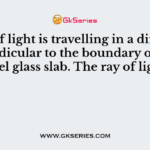 A ray of light is travelling in a direction perpendicular to the boundary of a parallel glass slab. The ray of light