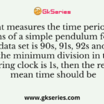 A student measures the time period of 100 oscillations of a simple pendulum four times. The data set is 90s, 91s, 92s and 95s. If the minimum division in the measuring clock is 1s, then the reported mean time should be