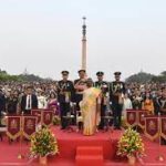 Smt Droupadi Murmu presents Silver Trumpet and Trumpet Banner to the President’s Bodyguard