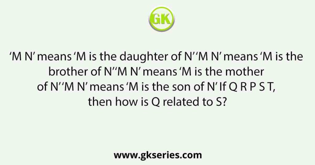 ‘M N’ means ‘M is the daughter of N’ ‘M N’ means ‘M is the brother of N’‘M N’ means ‘M is the mother of N’ ‘M N’ means ‘M is the son of N’ If Q R P S T, then how is Q related to S?