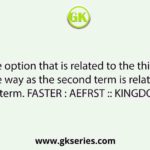 Select the option that is related to the third term in the same way as the second term is related to the first term. FASTER : AEFRST :: KINGDOM : ?