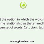 Select the option in which the words share the same relationship as that shared by the given set of words. Cat : Lion : Jaguar