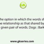 Select the option in which the words share the same relationship as that shared by the given pair of words. Dogs : Bark