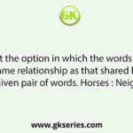 Select the option in which the words share the same relationship as that shared by the given pair of words. Horses : Neigh