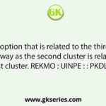 Select the option that is related to the third cluster in the same way as the second cluster is related to the first cluster. REKMO : UINPE : : PKDLI : ?