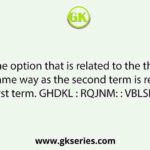 Select the option that is related to the third term in the same way as the second term is related to the first term. GHDKL : RQJNM: : VBLSK          .