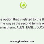 Select the option that is related to the third term in the same way as the second term is related to the first term. ALEN : EANL :: DUCK : ?