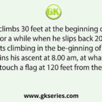 A monkey climbs 30 feet at the beginning of each hour and rests for a while when he slips back 20 feet before he again starts climbing in the be-ginning of the next hour. If he begins his ascent at 8.00 am, at what time will he first touch a flag at 120 feet from the ground?