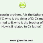 B and D are cousin brothers. A is the father of B and the uncle of C, who is the sister of D. C’s mother is married to E, who is the brother of A. How is B related to C’s father?