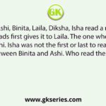 Five girls Ashi, Binita, Laila, Diksha, Isha read a magazine. The one who reads first gives it to Laila. The one who reads last had taken from Ashi. Isha was not the first or last to read. There were two readers between Binita and Ashi. Who read the magazine first?