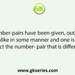 Four number-pairs have been given, out of which three are alike in some manner and one is different. Select the number- pair that is different.