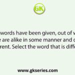 Four words have been given, out of which three are alike in some manner and one is different. Select the word that is different.