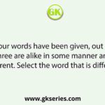 Four words have been given out of which three are alike in some manner and one is different. Select the word that is different.