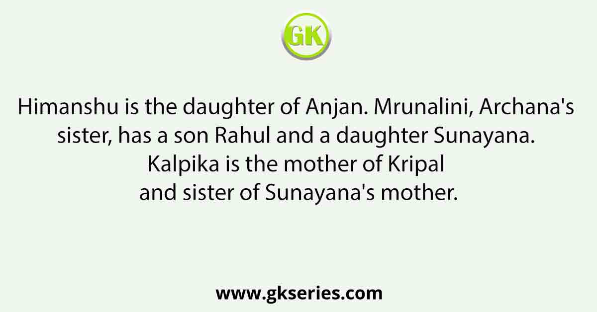 Himanshu is the daughter of Anjan. Mrunalini, Archana's sister, has a son Rahul and a daughter Sunayana. Kalpika is the mother of Kripal and sister of Sunayana's mother.