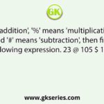 If '@' means 'addition', '%' means 'multiplication', '$' means 'division', and '#' means 'subtraction', then find the value of the following expression. 23 @ 105 $ 15 % 6 # 29