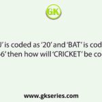 If ‘J’ is coded as ‘20’ and ‘BAT’ is coded as ‘46’ then how will ‘CRICKET’ be coded?