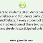 In a class of 68 students, 34 students participated only in Debate and 8 students participated in both Quiz and Debate. If every student of the class has participated in at least one of these two competitions, how many stu-dents participated only in Quiz?