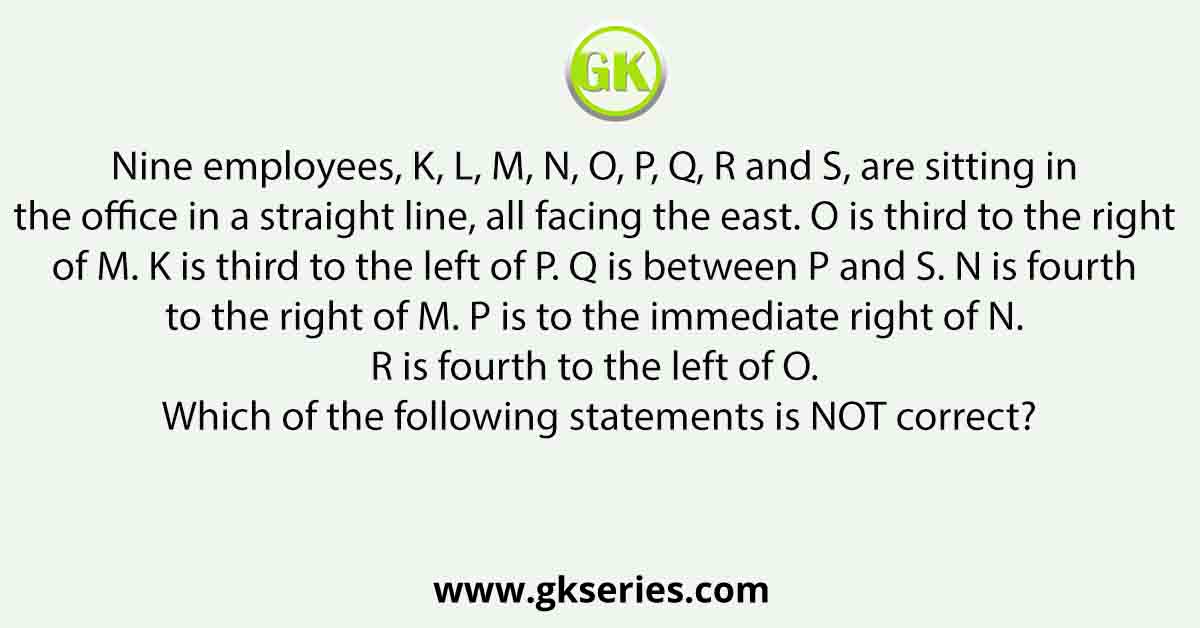 Nine employees, K, L, M, N, O, P, Q, R and S, are sitting in the office in a straight line, all facing the east. O is third to the right of M. K is third to the left of P. Q is between P and S. N is fourth to the right of M. P is to the immediate right of N. R is fourth to the left of O. Which of the following statements is NOT correct?