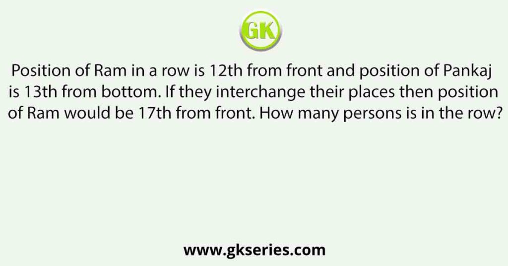 Position of Ram in a row is 12th from front and position of Pankaj is 13th from bottom. If they interchange their places then position of Ram would be 17th from front. How many persons is in the row?
