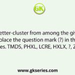 Select the letter-cluster from among the given options that can replace the question mark (?) in the following series. TMDS, PHXL, LCRE, HXLX, ?, ZNZJ
