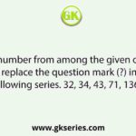 Select the number from among the given options that can replace the question mark (?) in the following series. 32, 34, 43, 71, 136, ?
