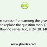 Select the number from among the given options that can replace the question mark (?) in the following series. 6, 6, 8, 24, 28, 140, ?