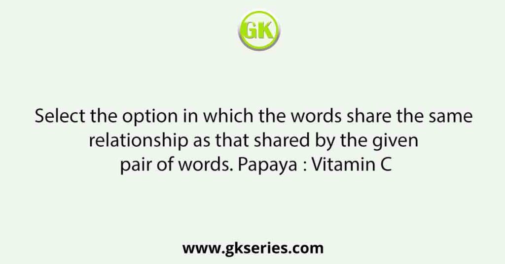 Select the option in which the words share the same relationship as that shared by the given pair of words. Papaya ∶ Vitamin C