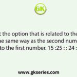 Select the option that is related to the third number in the same way as the second number is related to the first number. 15 :25 : : 24 :  
