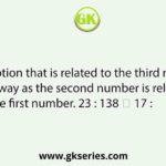 Select the option that is related to the third number in the same way as the second number is related to the first number. 23 : 138 ∷ 17 :           