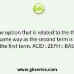Select the option that is related to the third term in the same way as the second term is related to the first term. ACID : ZEFH :: BASE : ?