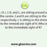 Six children, G, H, I, J, K, and L, are sitting around a circular table facing towards the centre. J and K are sitting to the immediate left and right of G, respectively. L is sitting to the immediate left of J, but not to the immedi-ate right of H. Who is sitting to the immediate right of K?