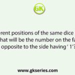 Three different positions of the same dice are shown. What will be the number on the face opposite to the side having ‘ 1’?