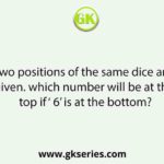 Two positions of the same dice are given. which number will be at the top if ‘ 6’ is at the bottom?