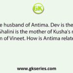 Vineet is the husband of Antima. Dev is the brother of Kusha. Shalini is the mother of Kusha's mother. Dev is the son of Vineet. How is Antima related to Shalini?