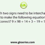 Which two signs need to be interchanged to make the following equation correct? 9 × 98 ÷ 14 + 3 − 19 = 11