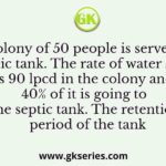 A colony of 50 people is served by a septic tank. The rate of water supply is 90 lpcd in the colony and 40% of it is going to the septic tank. The retention period of the tank
