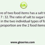 A mixture of two food items has a salt to sugar ratio of 7 : 32. The ratio of salt to sugar is 2 : 11 and 5 : 21, in the two individual types of food items. In what proportion are the 2 food items mixed?
