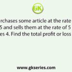 A person purchases some article at the rate of 4 articles for rupees 5 and sells them at the rate of 5 articles for rupees 4. Find the total profit or loss in %.