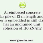 A reinforced concrete circular pile of 12 m length and 0.6 m diameter is embedded in stiff clay which has an undrained unit cohesion of 110 kN/m2
