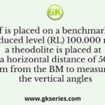 A staff is placed on a benchmark (BM) of reduced level (RL) 100.000 m and a theodolite is placed at a horizontal distance of 50 m from the BM to measure the vertical angles