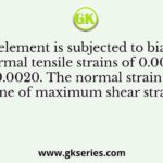 An element is subjected to biaxial normal tensile strains of 0.0030 and 0.0020. The normal strain in the plane of maximum shear strain is