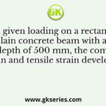 For a given loading on a rectangular plain concrete beam with an overall depth of 500 mm, the compressive strain and tensile strain developed